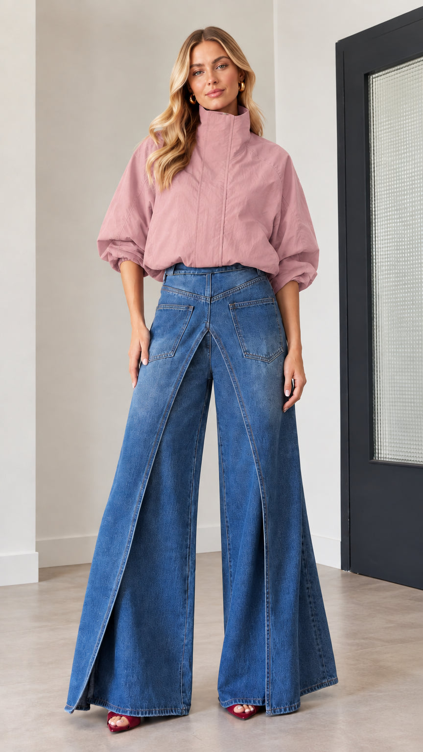 Woman wearing dusty pink high-neck windbreaker jacket with blue wide-leg overlap jeans