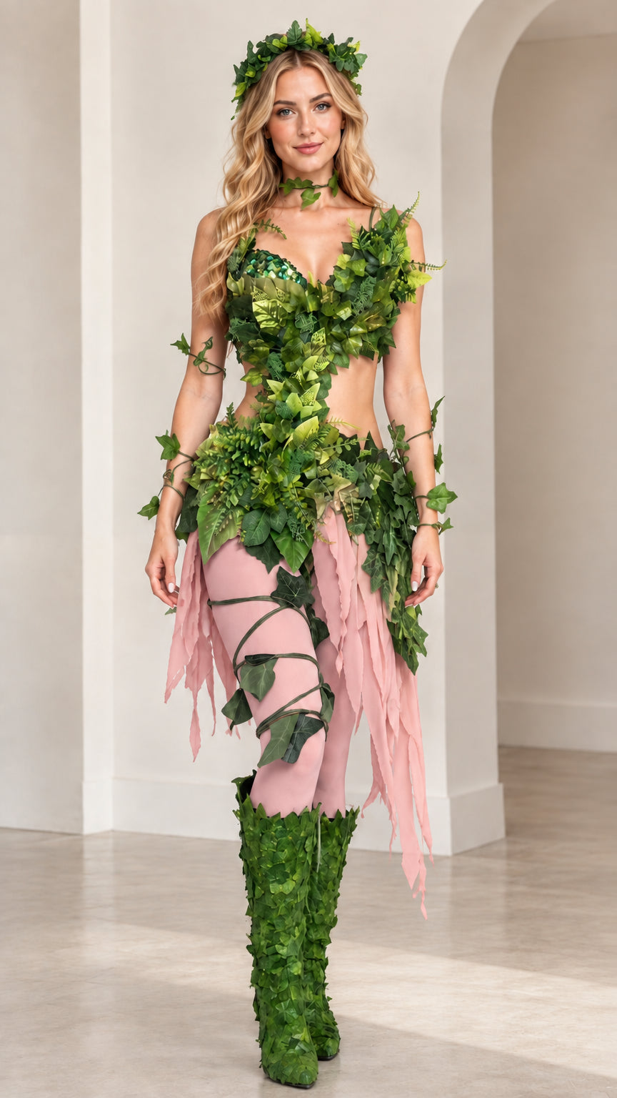 Model wearing the dusty rose pink base variant of the woodland nymph costume set