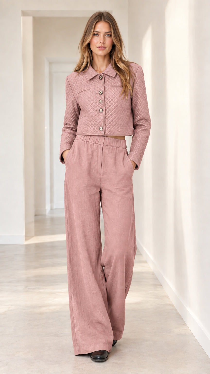 Model wearing matching dusty pink quilted cropped jacket and wide-leg trousers set