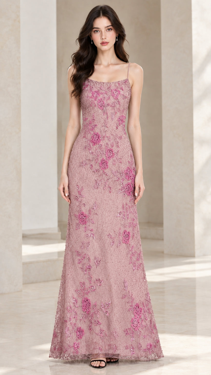 Front view of dusty pink floral sequin embroidered maxi dress