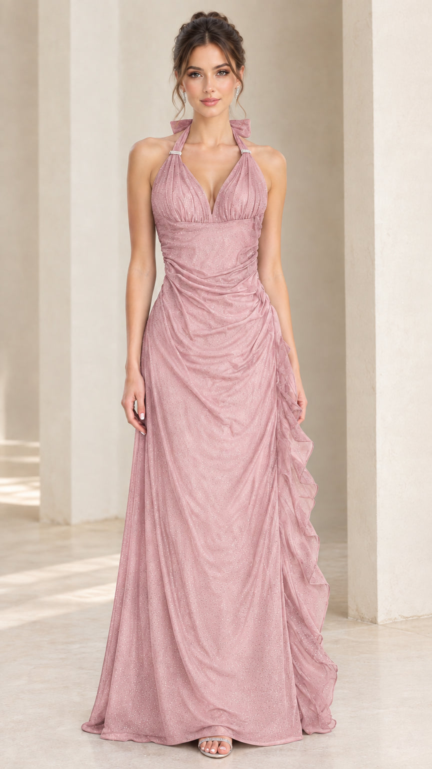 Front view of model in dusty pink halter ruched evening maxi gown