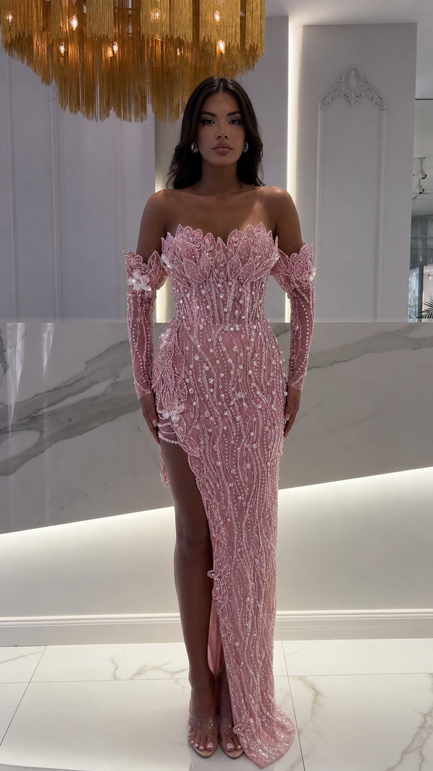 Blush pink embellished off-the-shoulder evening gown with high leg slit