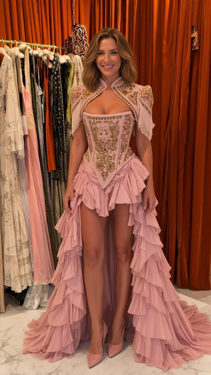 Blush pink embroidered corset high-low evening gown with ruffle train