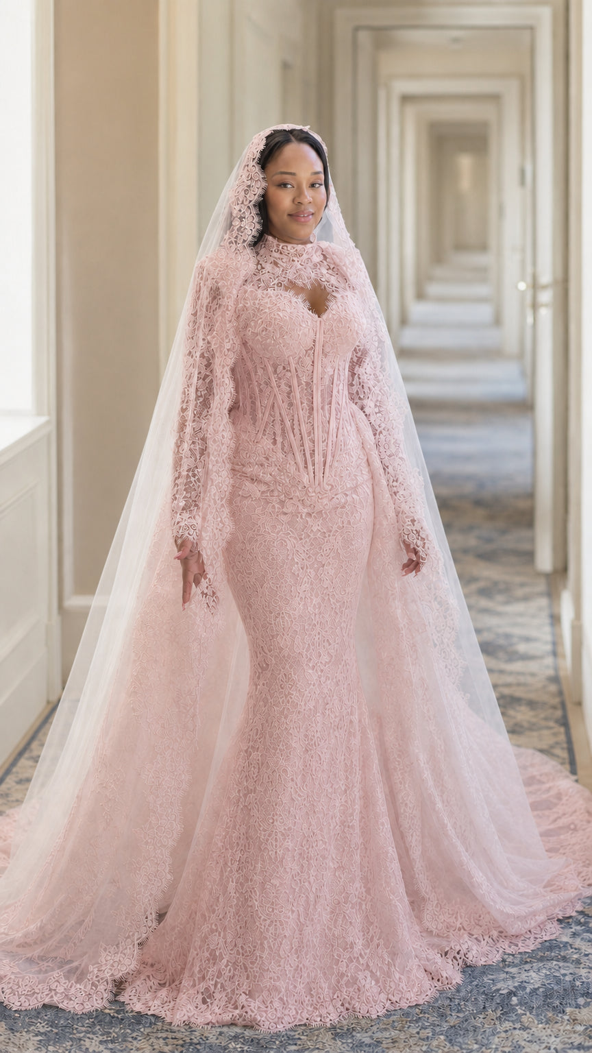 Blush pink lace mermaid gown with sheer high neckline and dramatic train