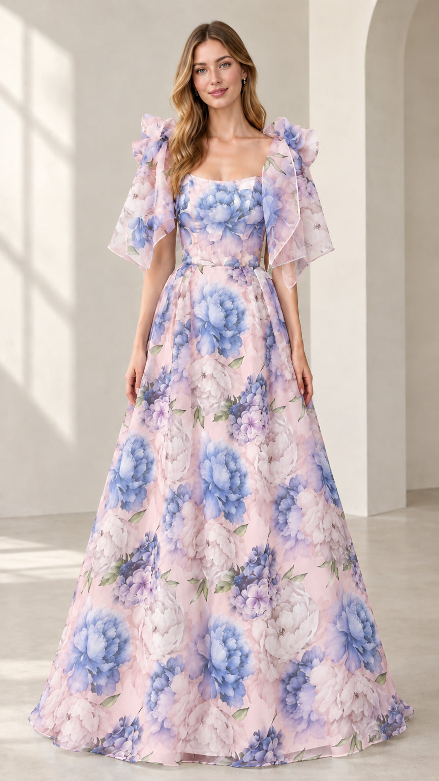 Model wearing pink floral print flutter sleeve A-line maxi evening gown