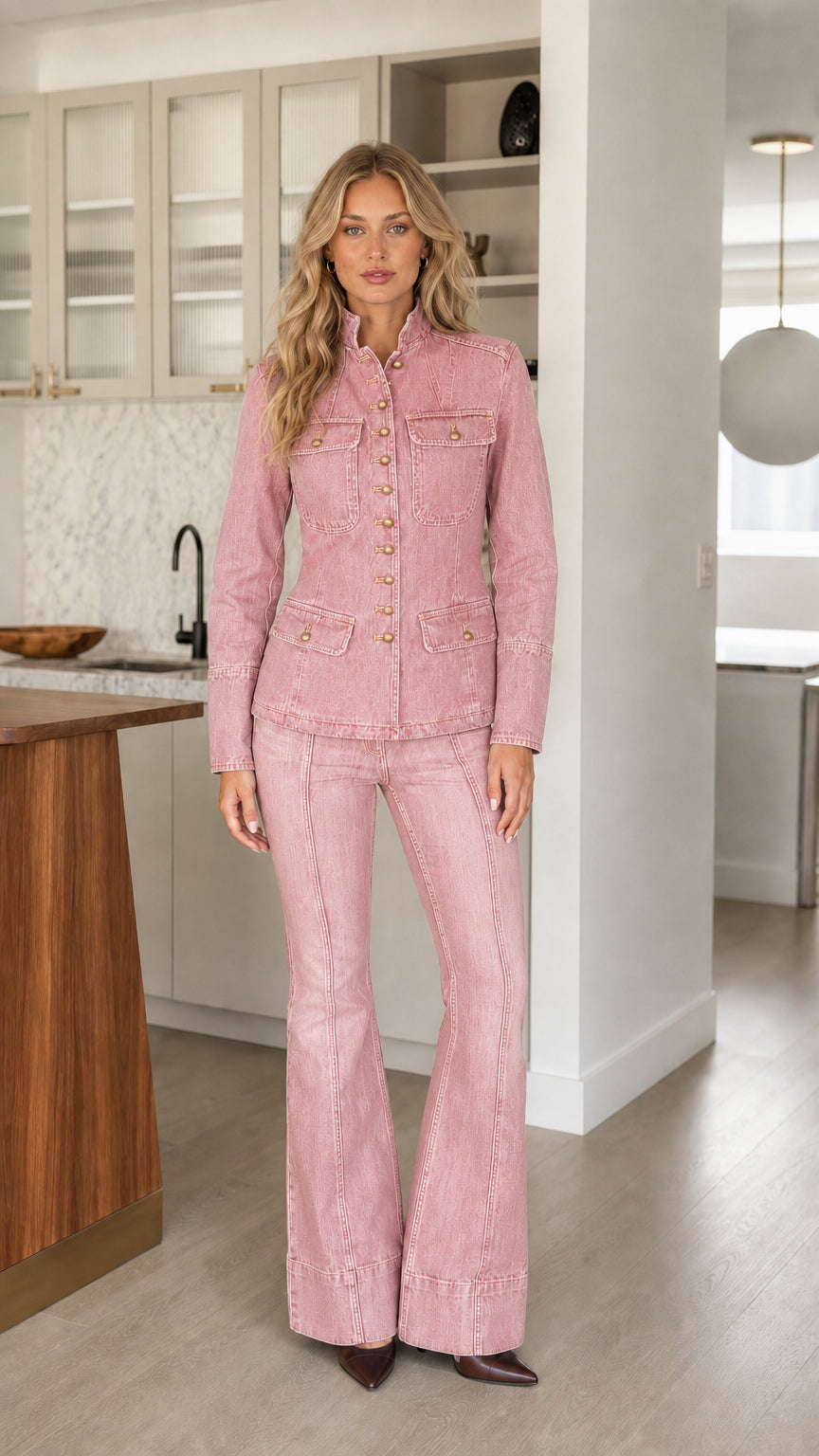 Model wearing dusty pink tailored denim jacket and matching flared denim pants