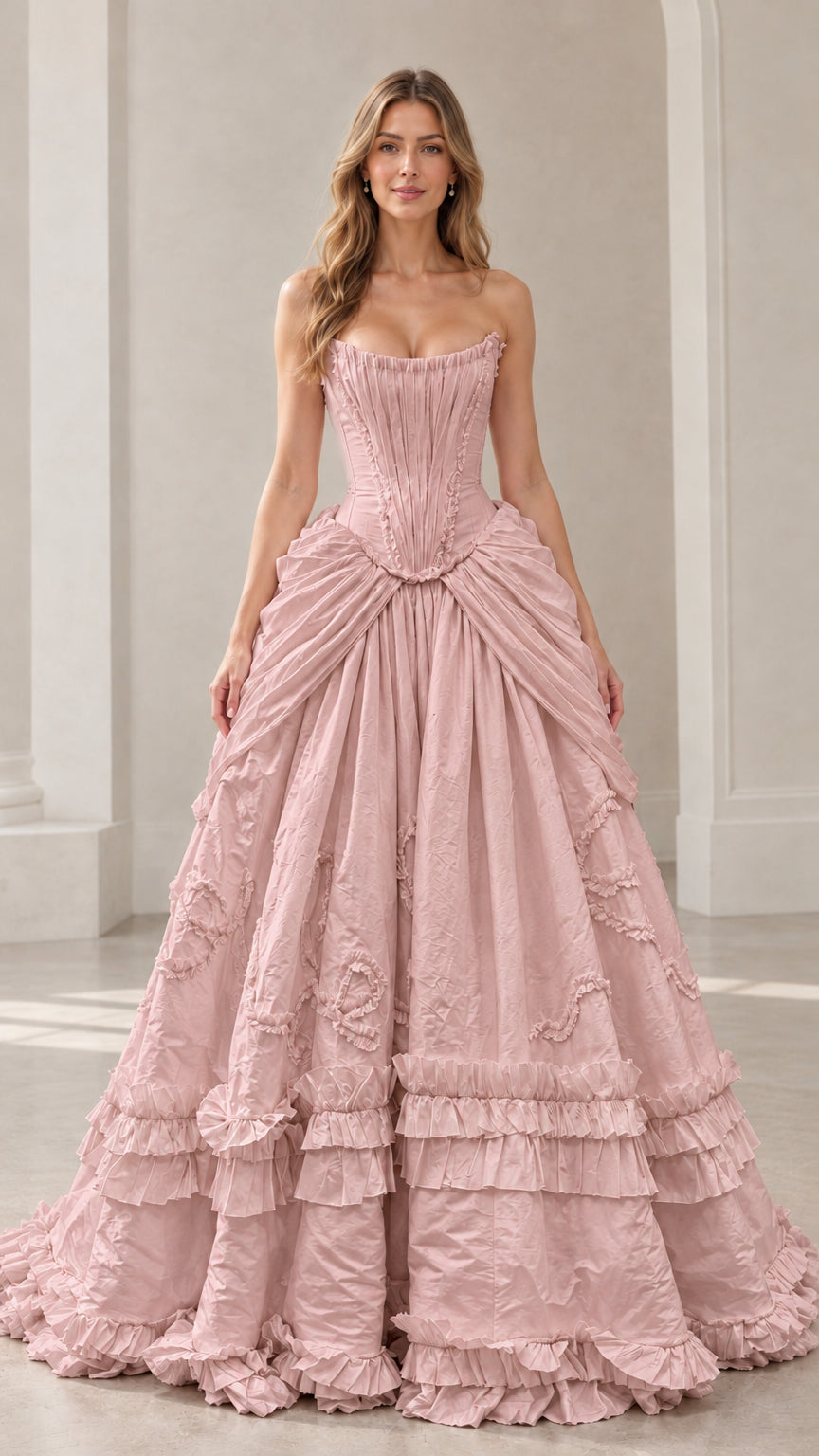 Model wearing dusty pink strapless corset ball gown with tiered ruffle skirt