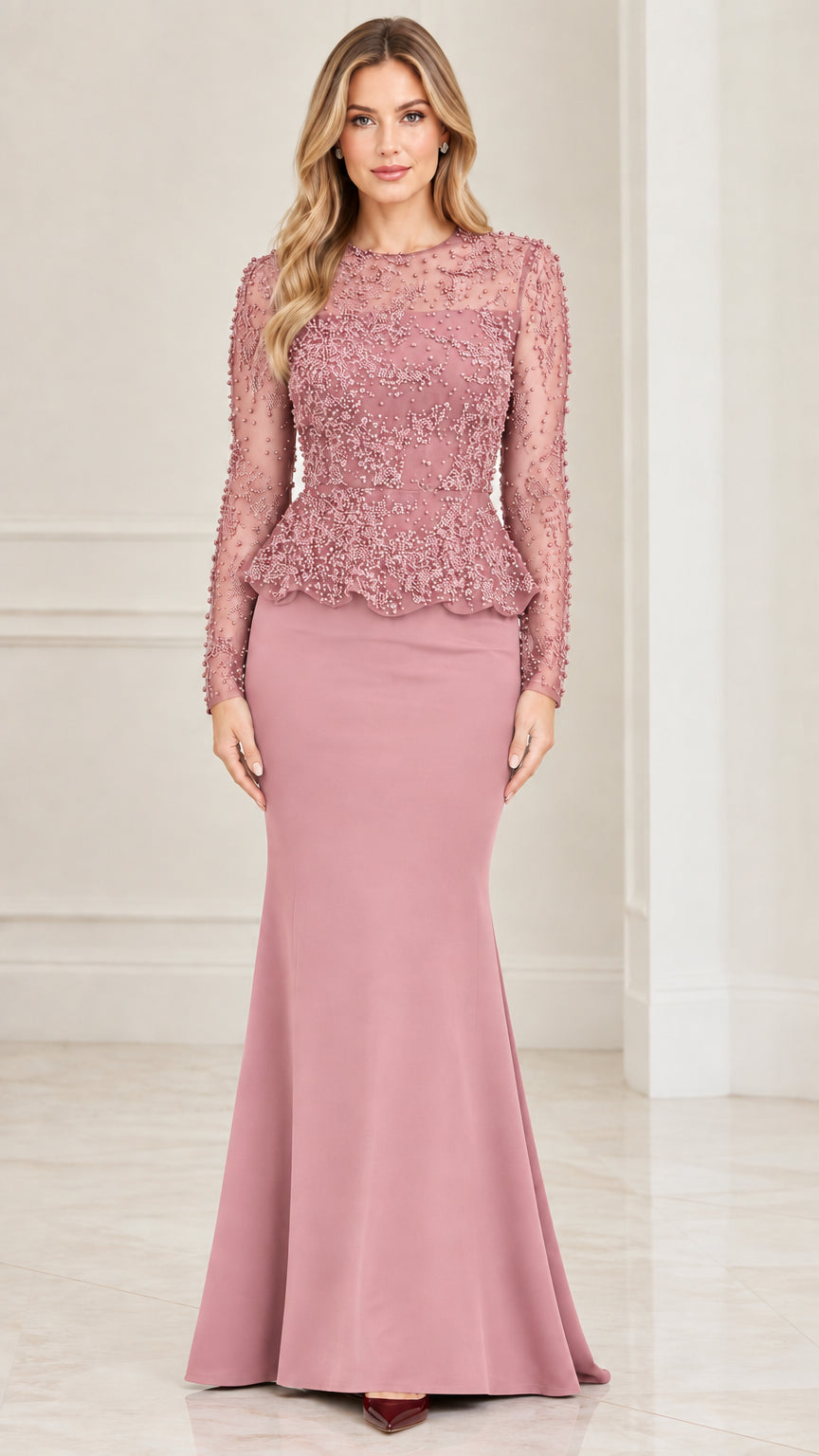 Front full-length view of model in dusty rose beaded peplum floor-length formal gown