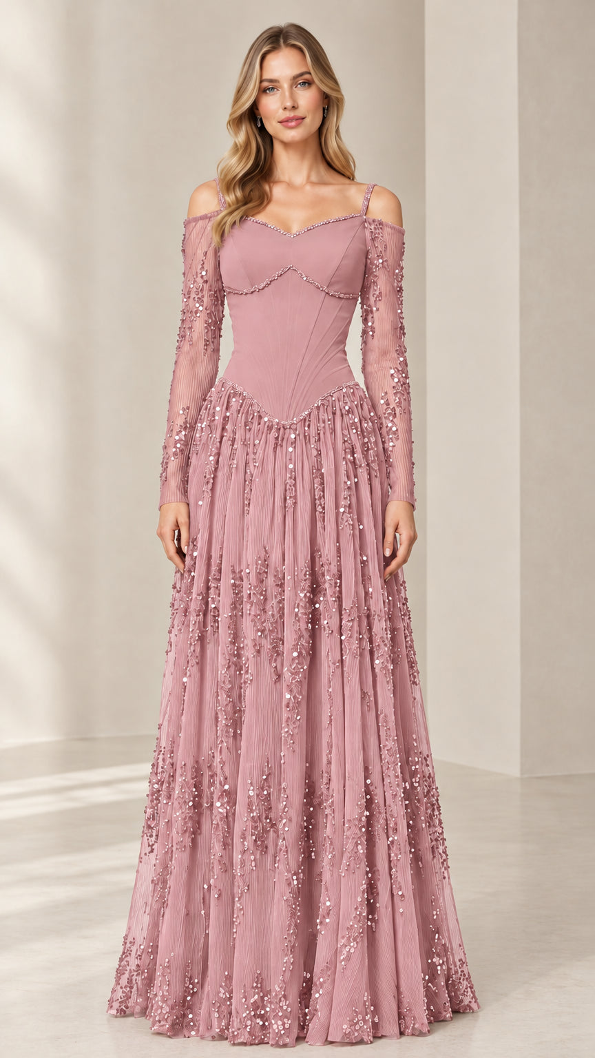 Dusty pink cold-shoulder sequin corset evening gown on model