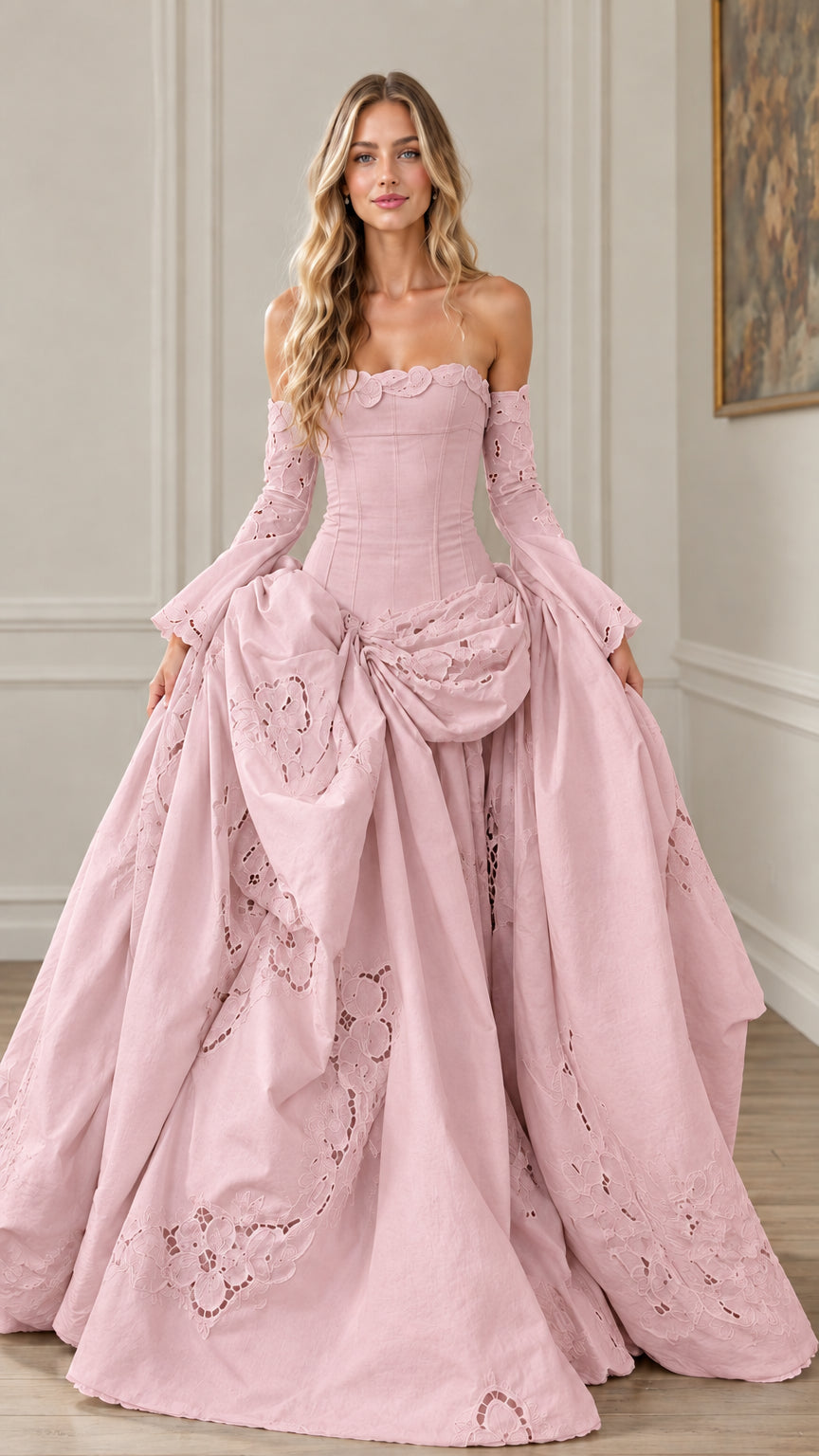 Front view of dusty pink off-the-shoulder corset ball gown with cutwork embroidery