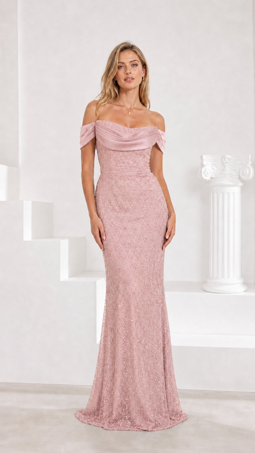 Dusty Rose off-the-shoulder sequined lace formal evening gown