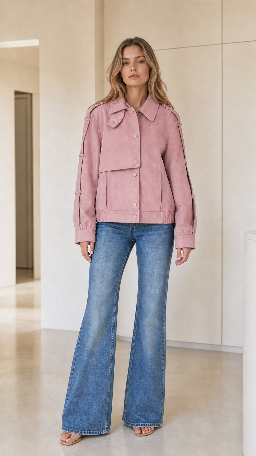 Front full-body view of model wearing dusty pink faux suede cropped utility jacket with blue flare jeans