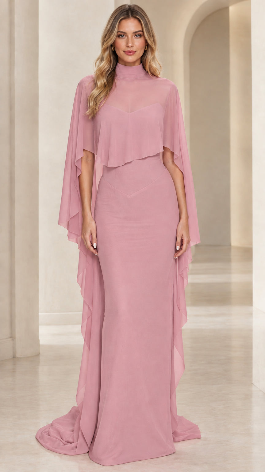 Dusty pink cape overlay formal floor length dress
