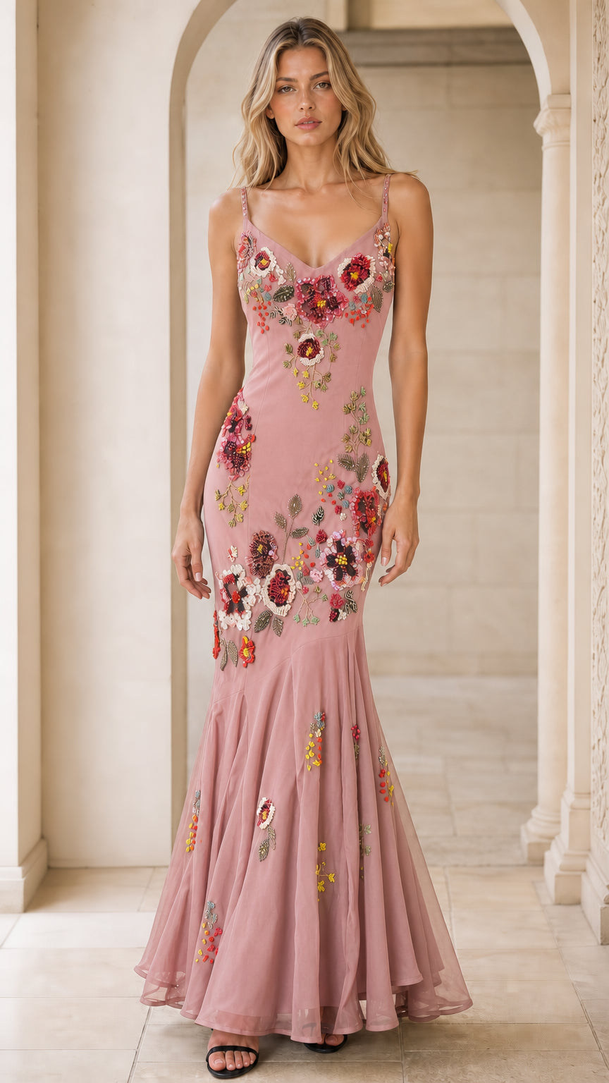 Dusty rose pink embroidered floral beaded mermaid evening gown front view