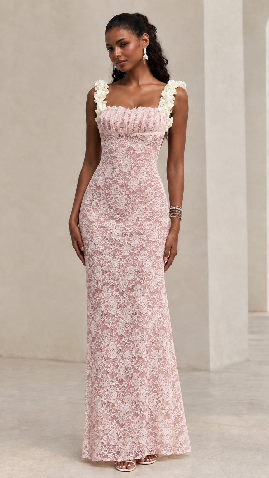 Blush pink floral lace sleeveless maxi dress with ruffled straps on model front view
