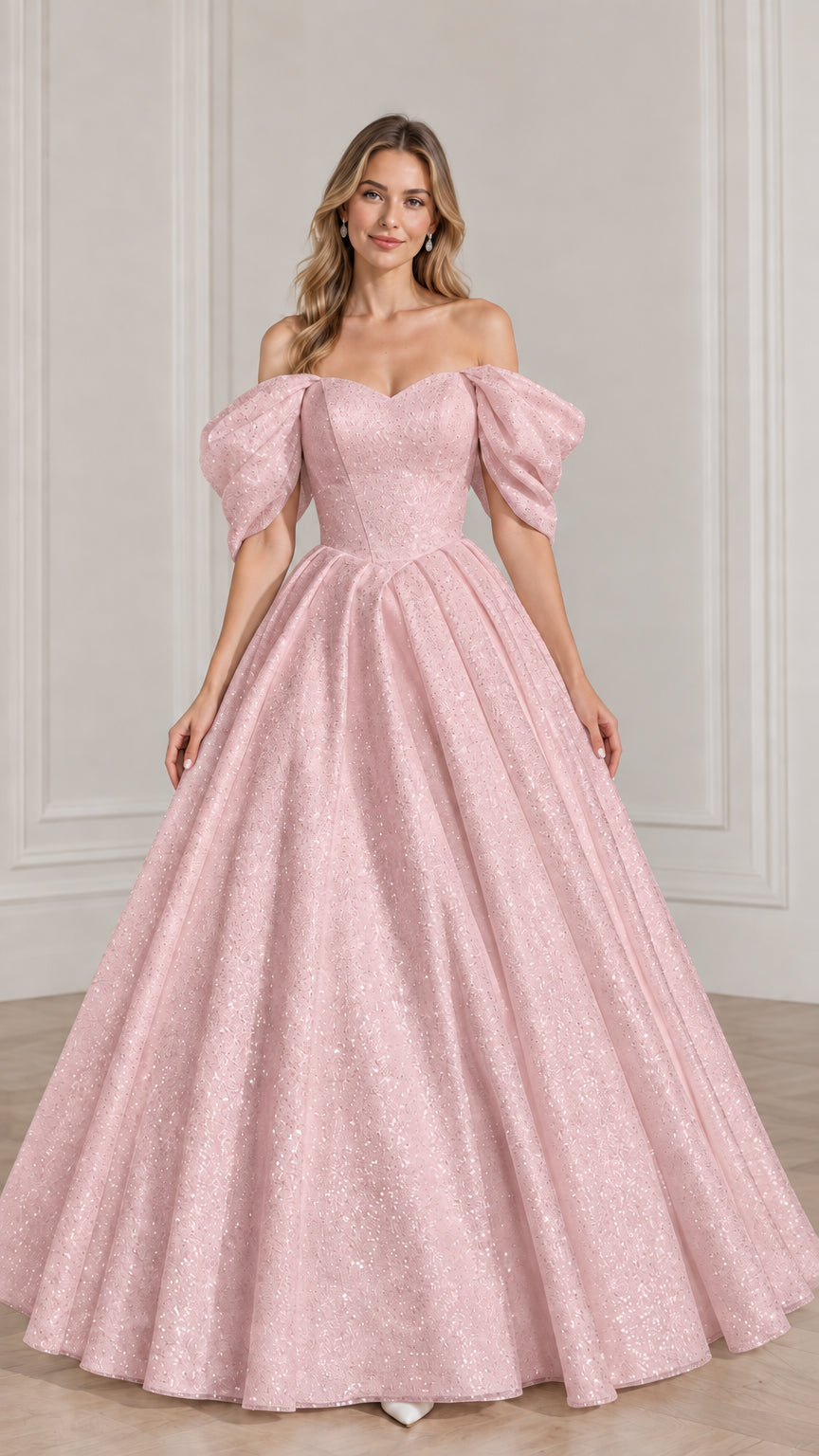 Full-length front view of model wearing blush pink glitter off-the-shoulder puff sleeve ball gown