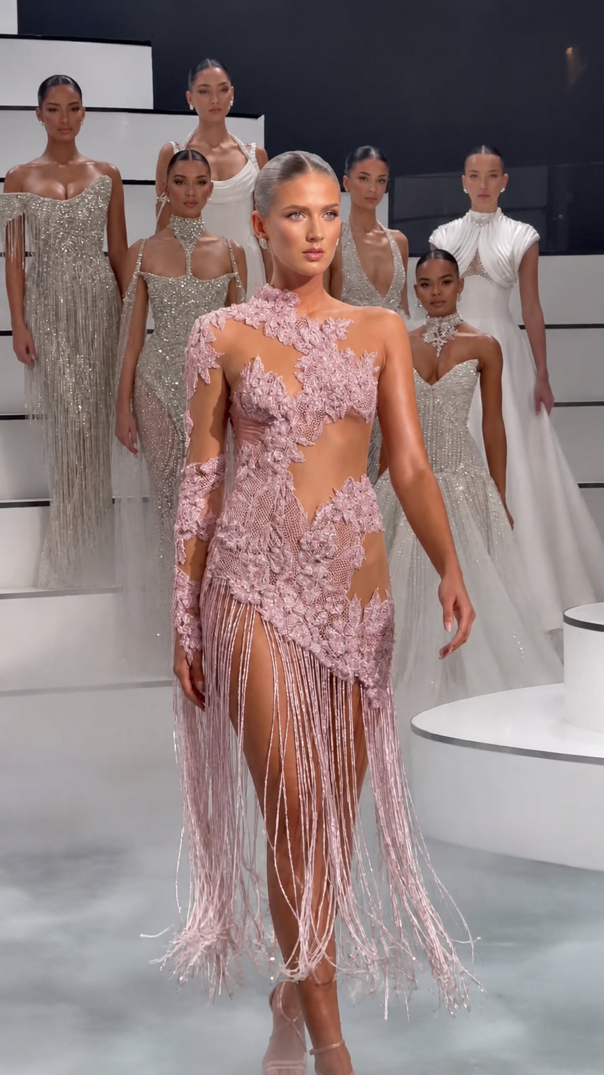 Blush pink lace appliqué cutout fringe evening gown