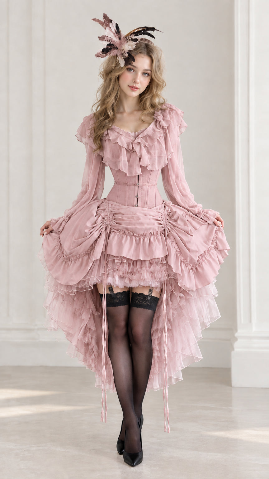 Full front view of model in dusty pink Victorian ruffled high-low corset dress