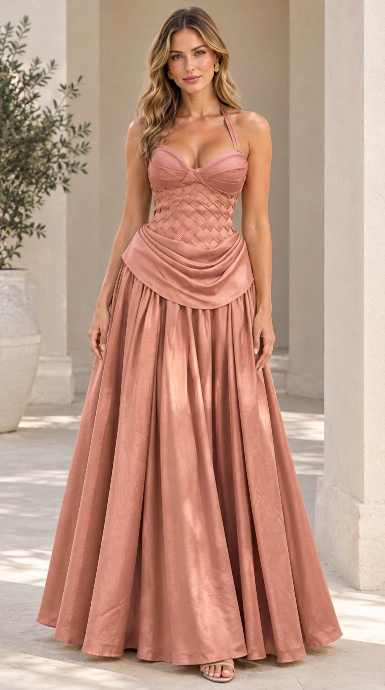 Model wearing the halter neck woven corset evening gown in romantic dusty rose pink