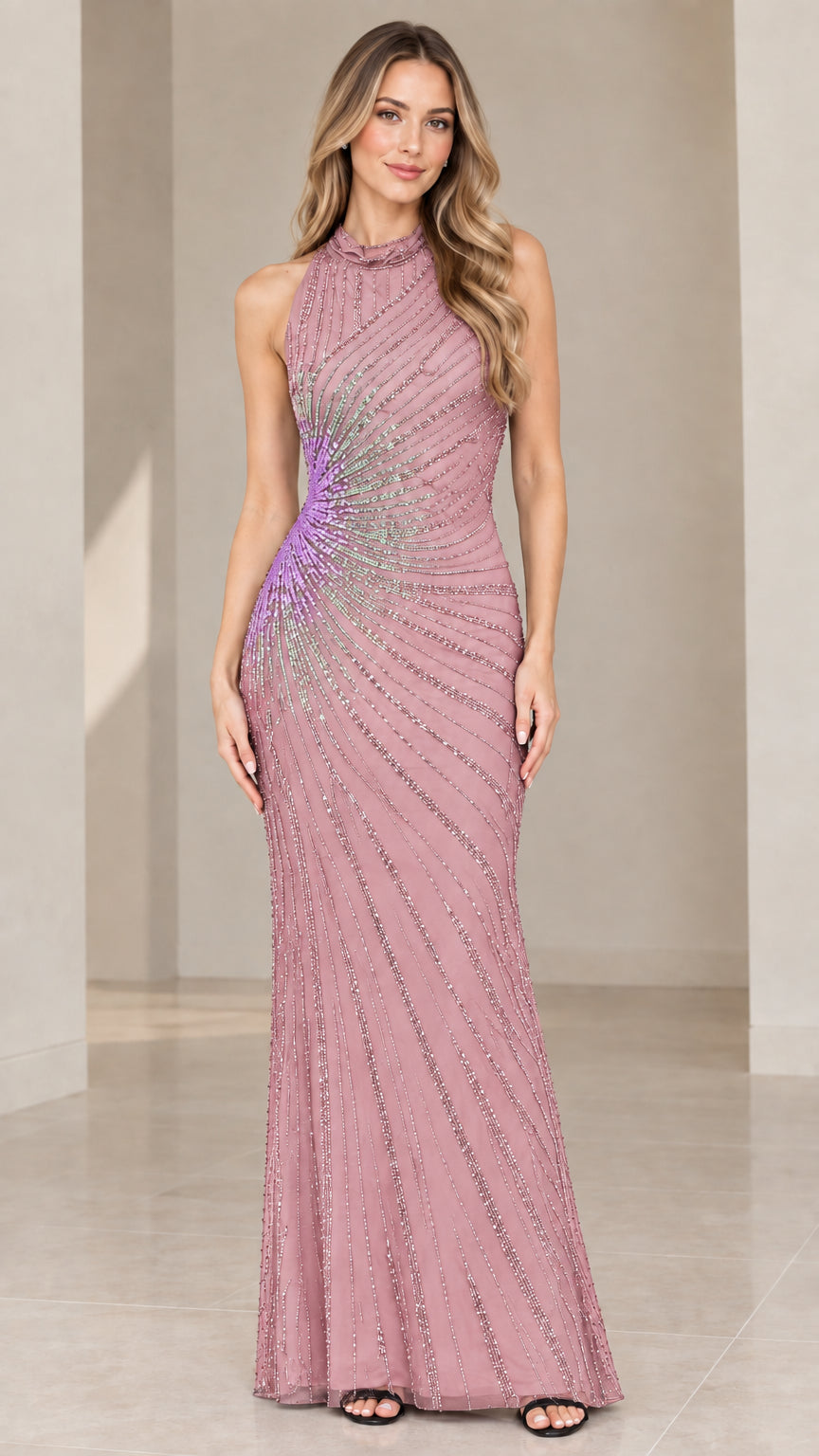 Front full view of mauve pink halter beaded maxi evening dress with purple accent
