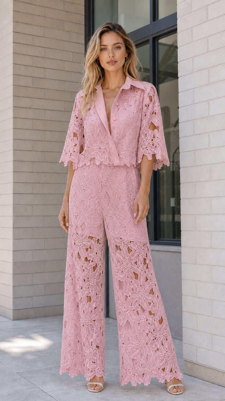 Model wearing dusty pink floral lace collared top and wide-leg pant set