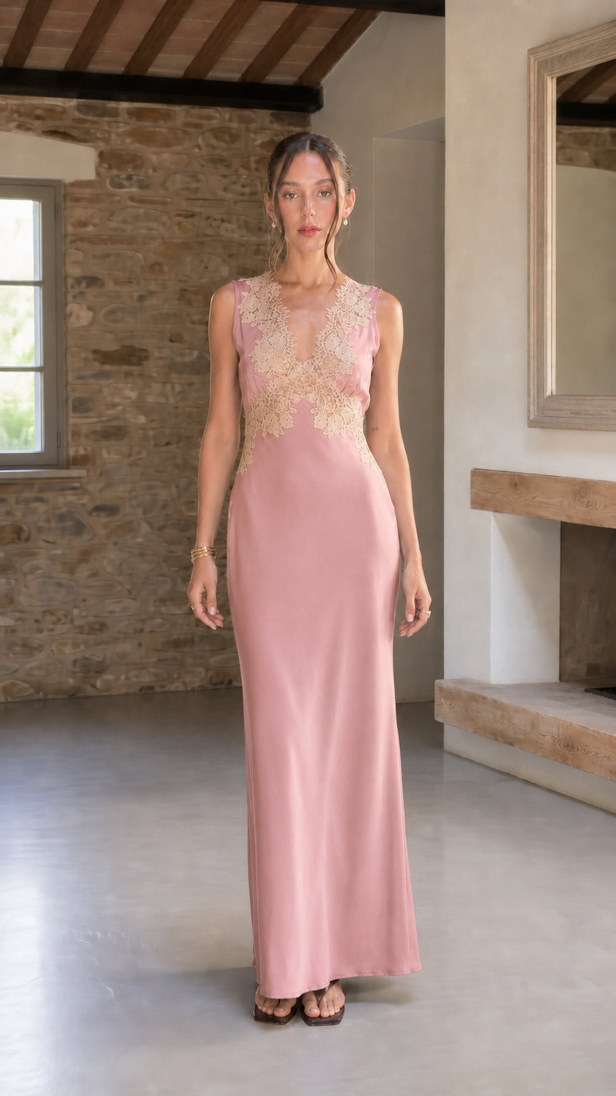 Full-length front view of dusty pink satin maxi dress with champagne lace applique