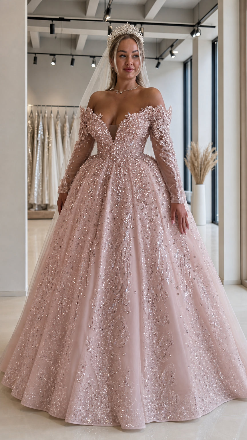 Front view of blush pink off-the-shoulder embellished tulle ball gown dress