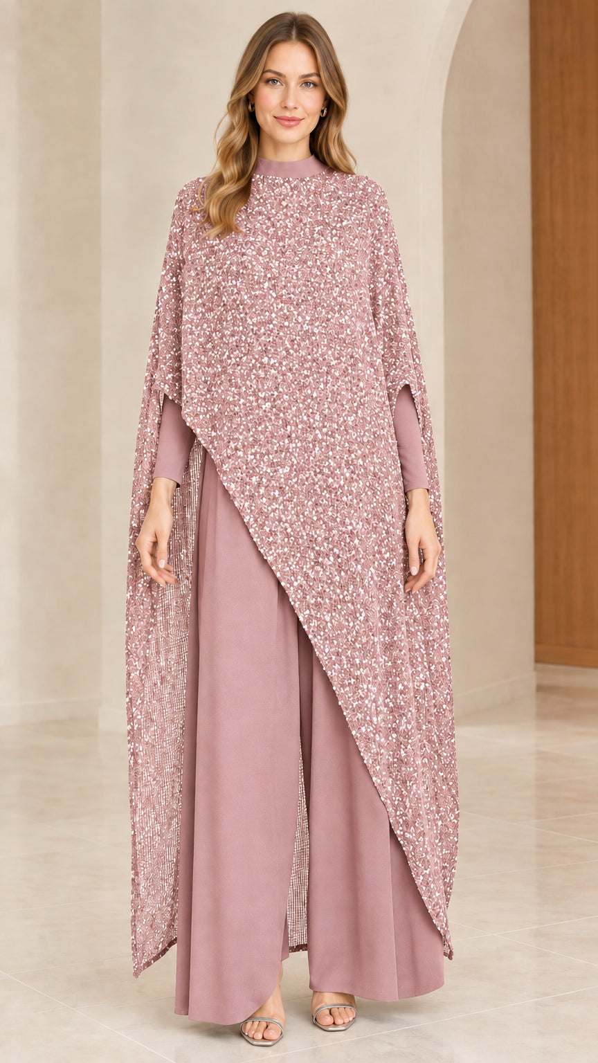 Front view of dusty pink asymmetrical cape top and wide-leg pants set