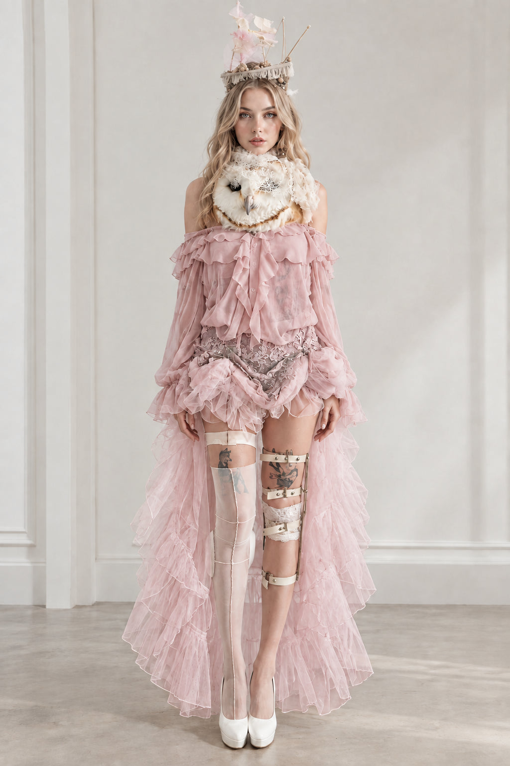 Model wearing dusty pink fantasy high-low ruffle costume set
