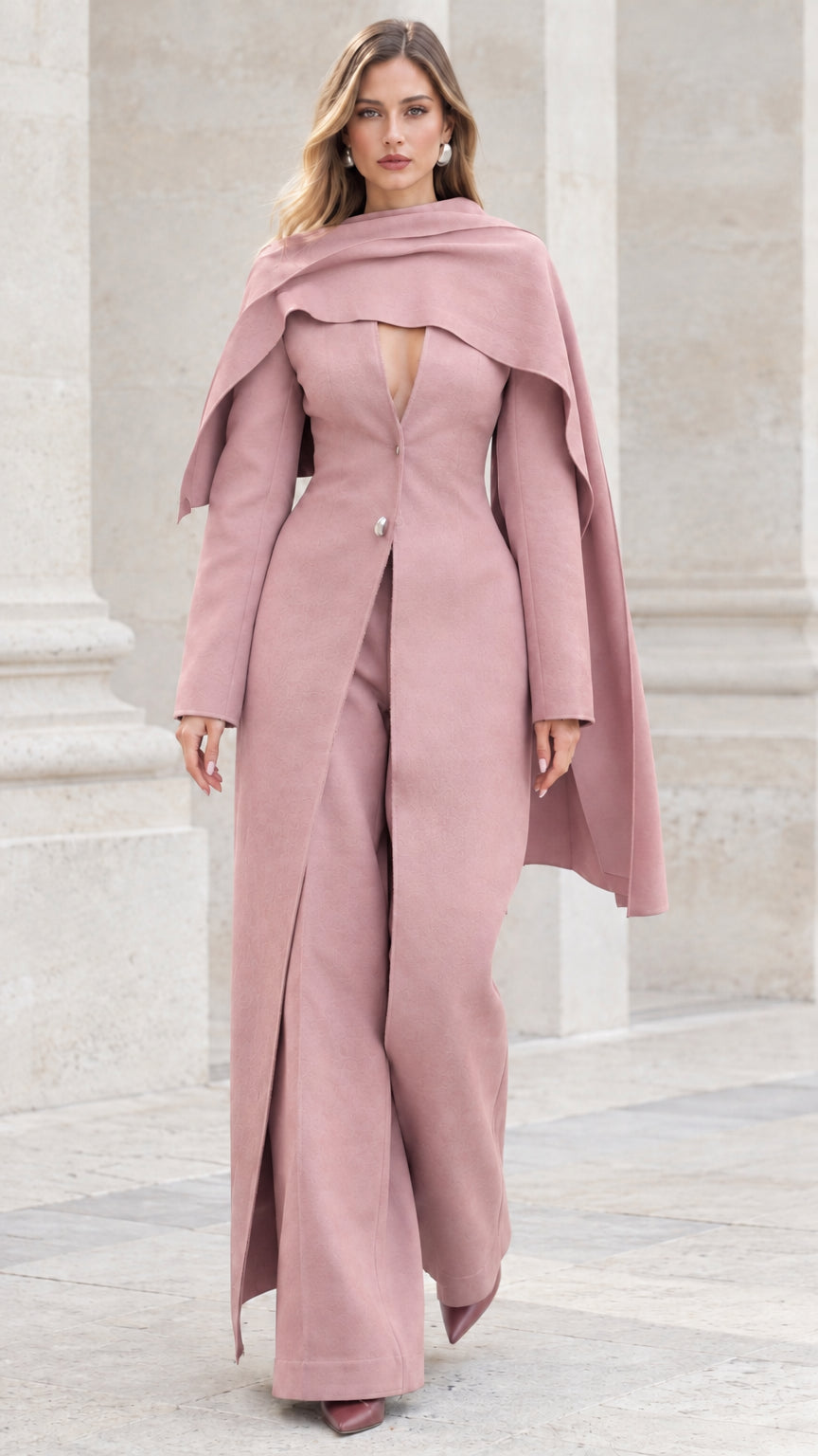 Full-body view of model wearing the dusty rose pink capelet maxi pant suit set