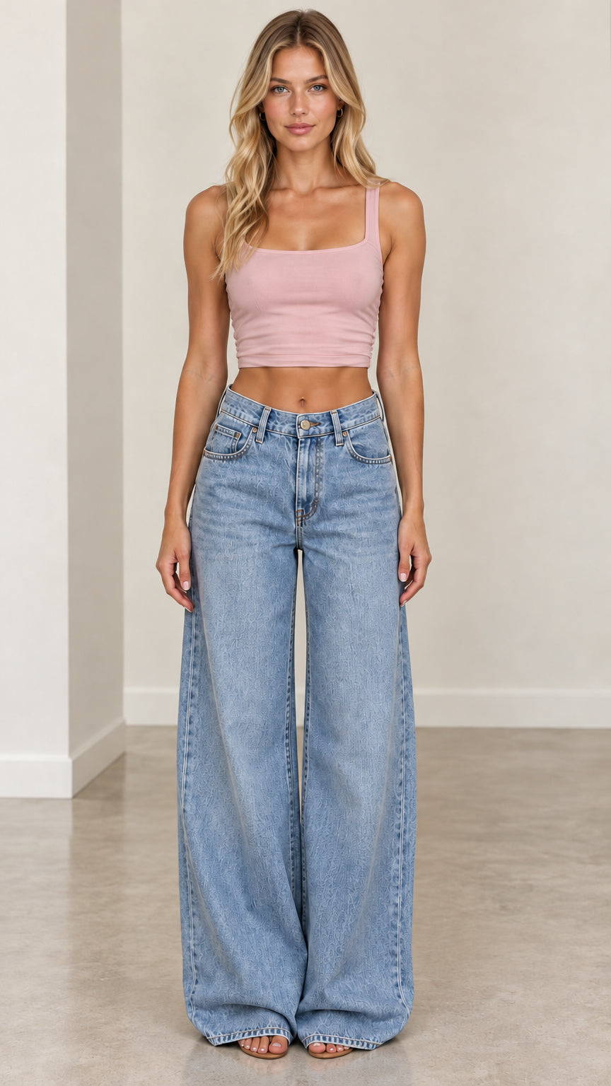 Full-body front view of woman wearing light blue wide-leg jeans styled with pink crop top