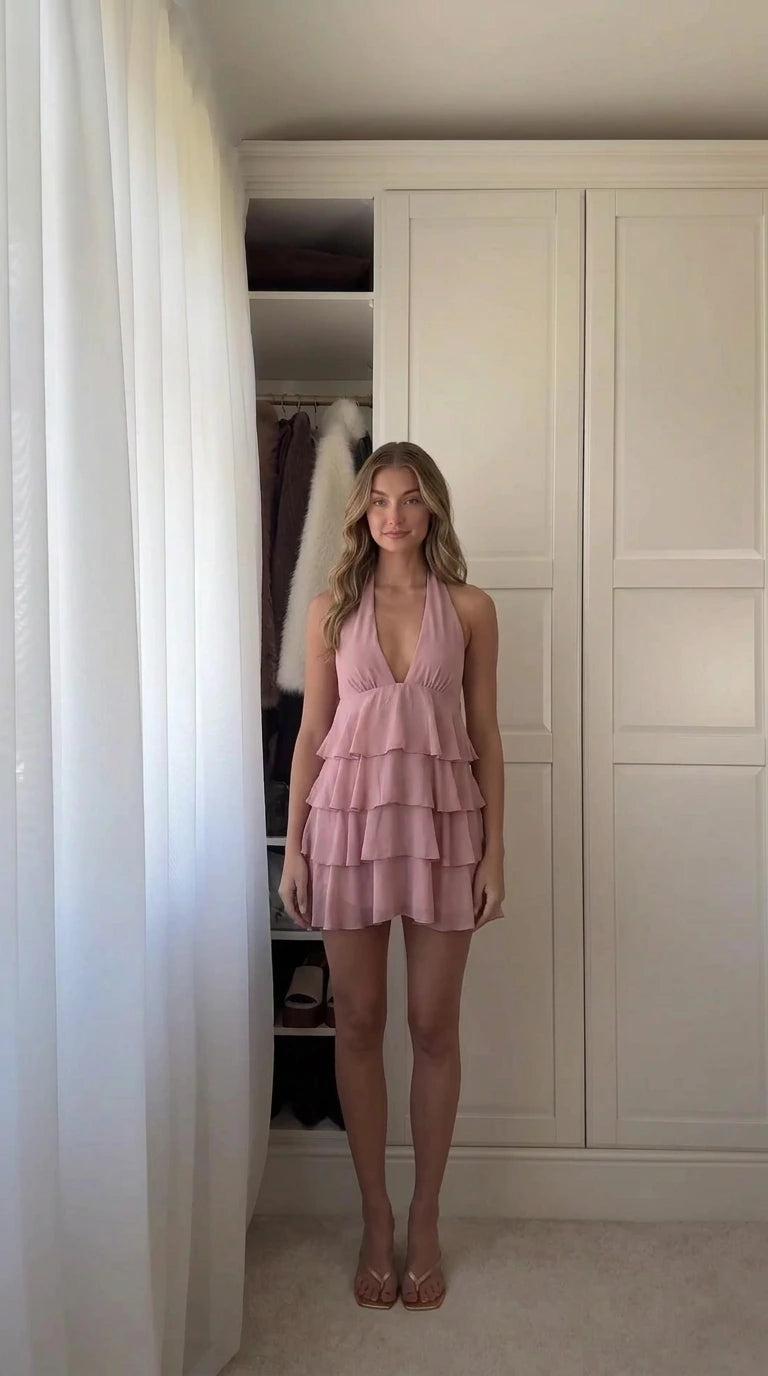 Front view of woman wearing dusty pink halter neck tiered ruffle mini dress