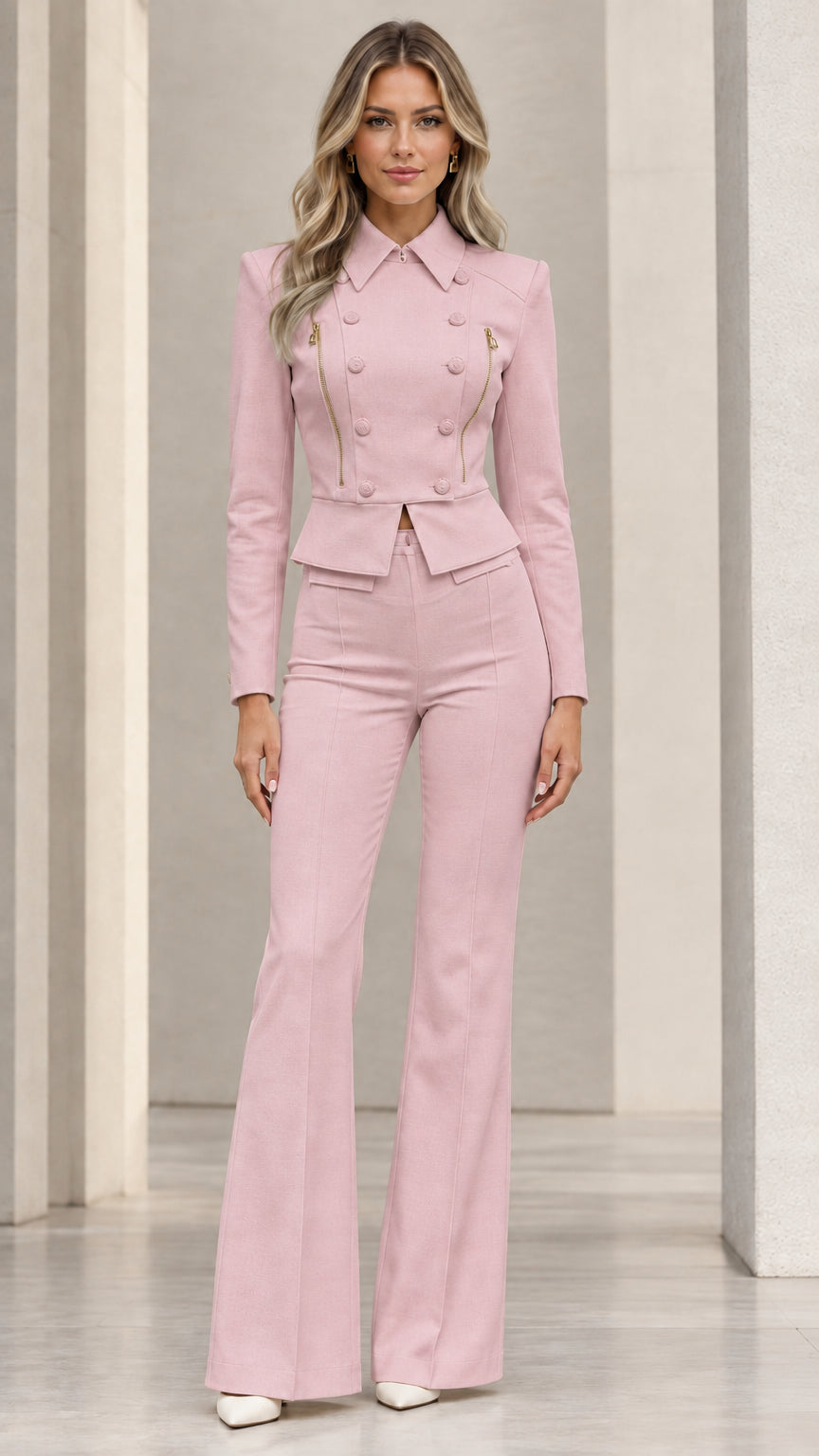 Model wearing soft pink cropped blazer and flare pants 2-piece set