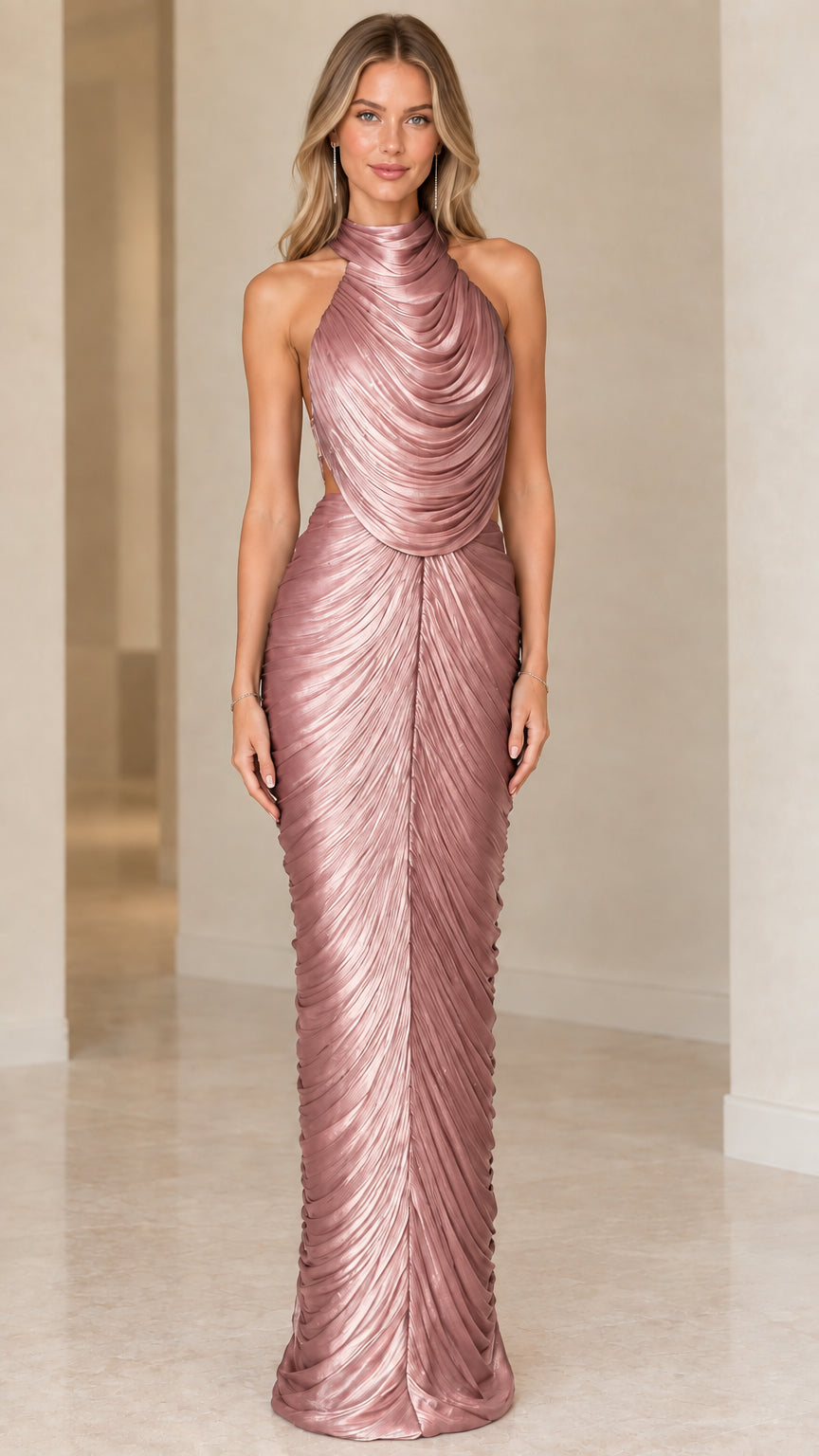Pink pleated draped cowl neck maxi evening dress