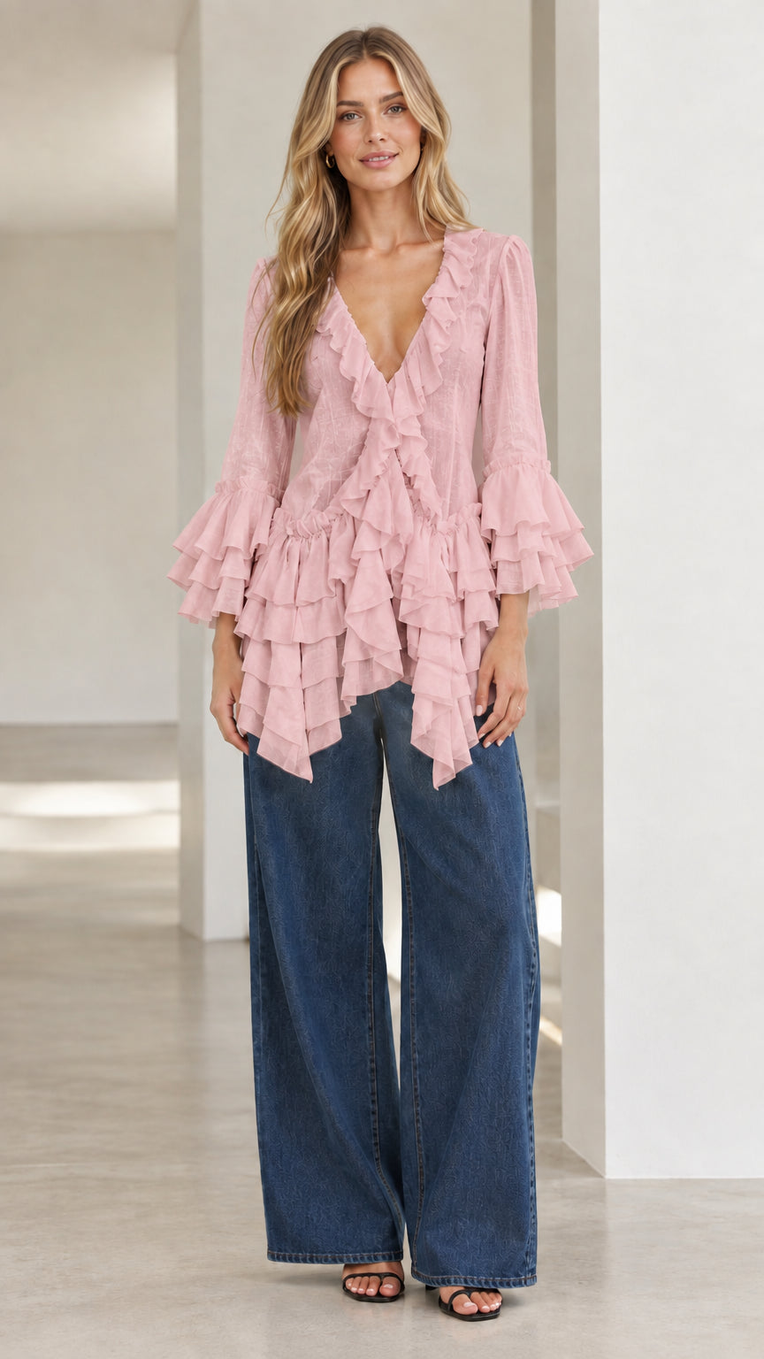 Model wearing dusty pink tiered ruffle blouse with bell sleeves
