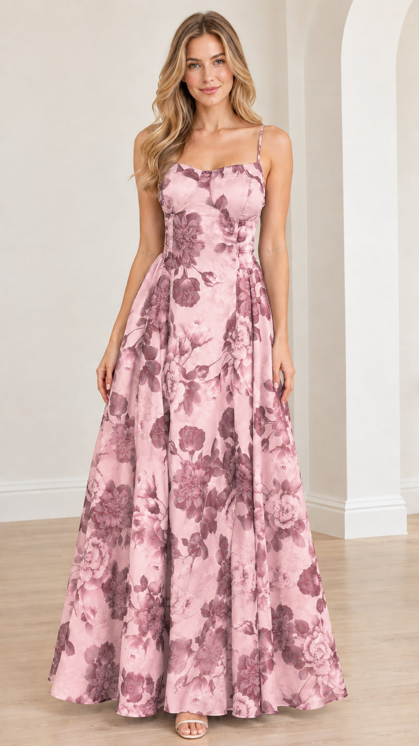 Front view of blush pink floral print lace-up formal maxi gown