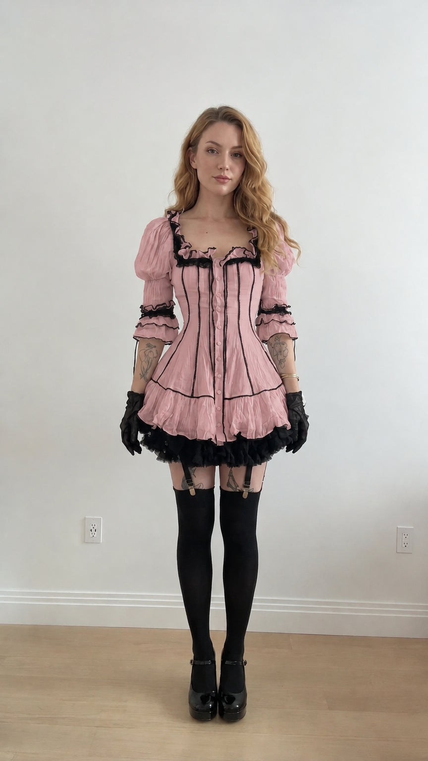 Front view of model wearing pink Gothic Lolita ruffle mini dress