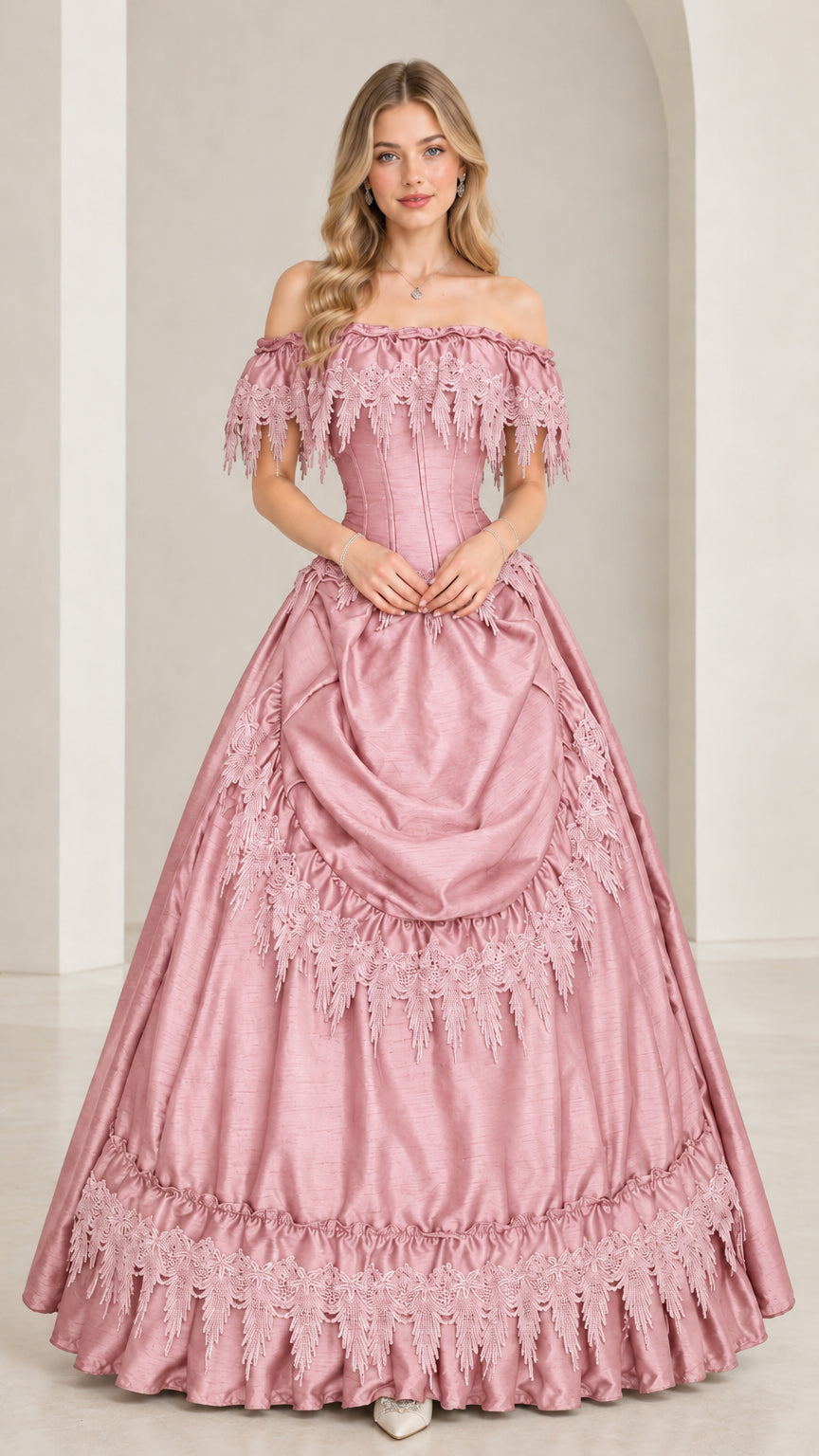 Dusty pink Victorian off-shoulder ball gown with matching lace trim