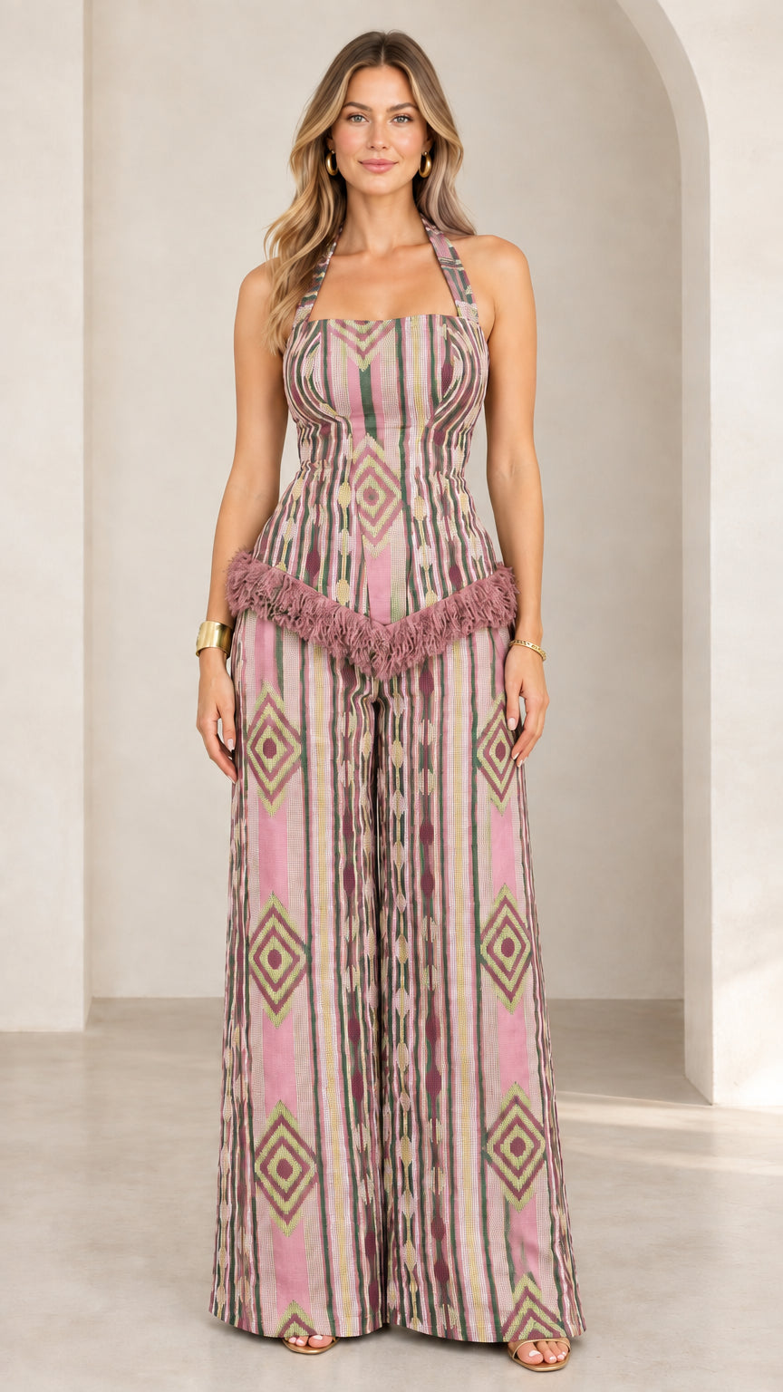 Dusty pink and mauve geometric print halter top and matching wide leg trousers
