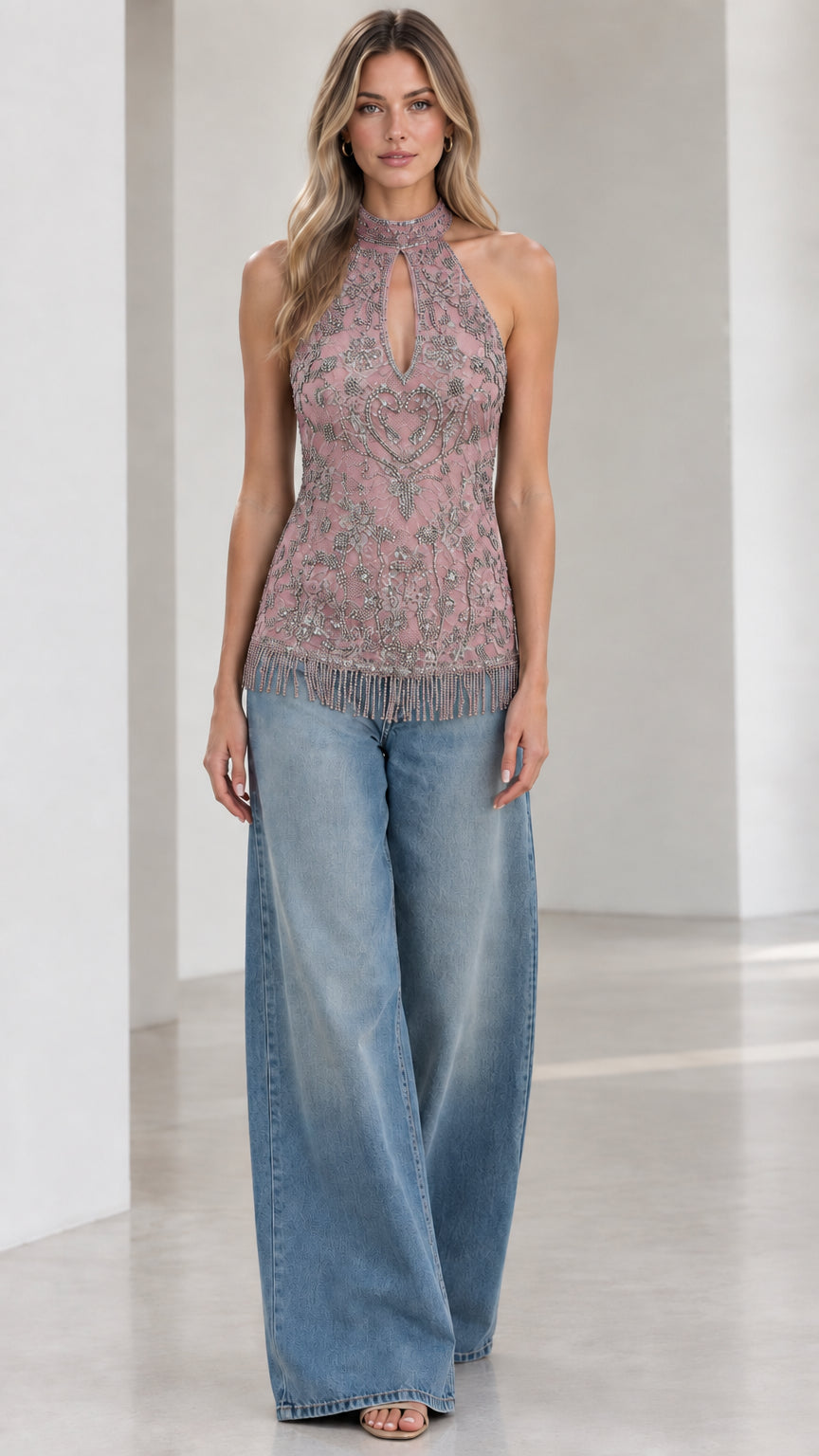 Mauve pink embellished halter neck top with keyhole cutout and beaded fringe