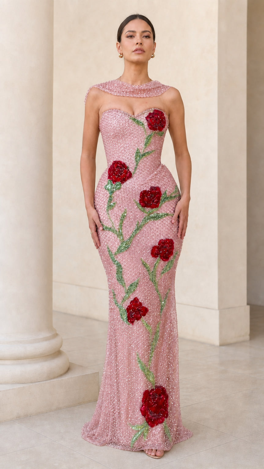 Front view of model wearing Blush Pink sequin evening gown with red rose design