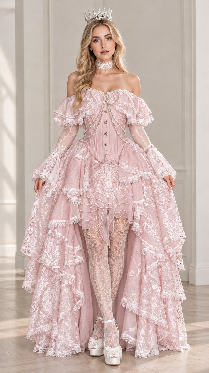 Front view of model wearing blush pink Victorian tiered lace corset ball gown