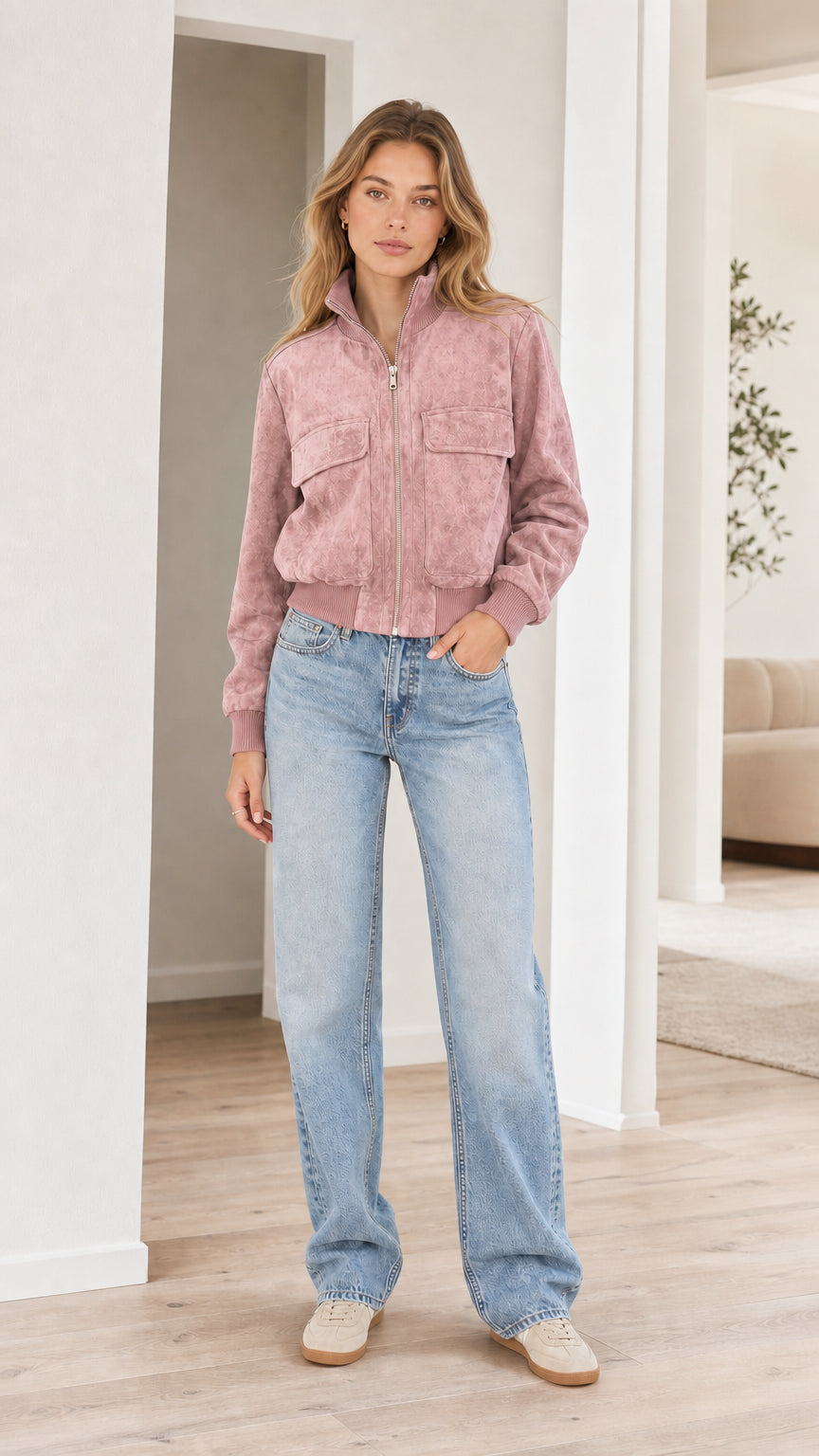 Model wearing dusty pink faux suede zip-up bomber jacket with denim pants