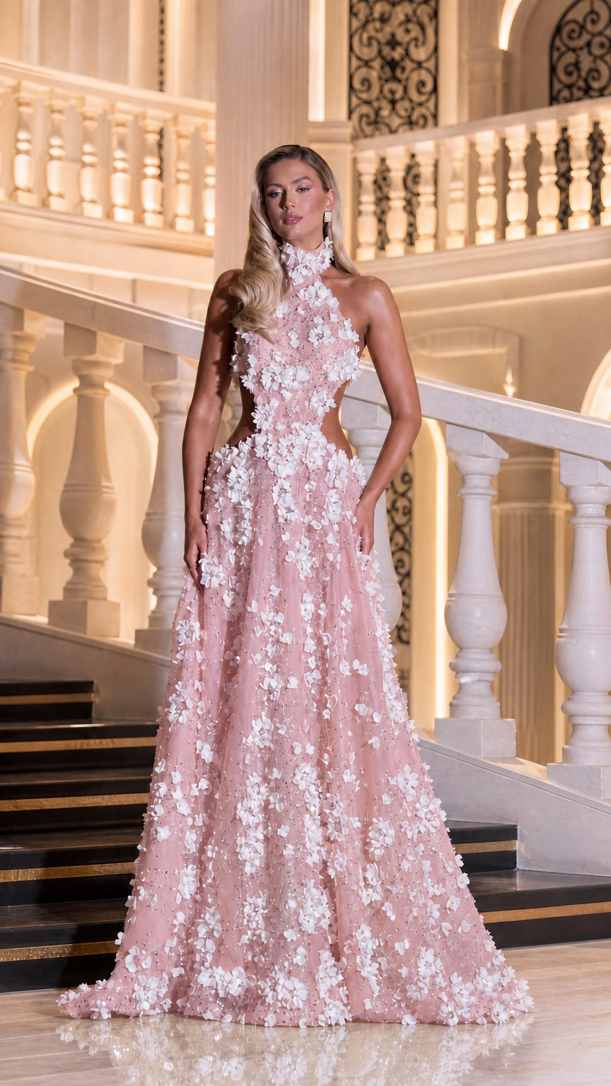 Full front view of blush pink 3D floral cutout evening gown