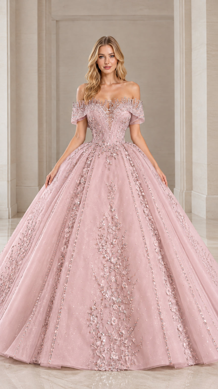 Front view of blush pink off-the-shoulder beaded tulle ball gown
