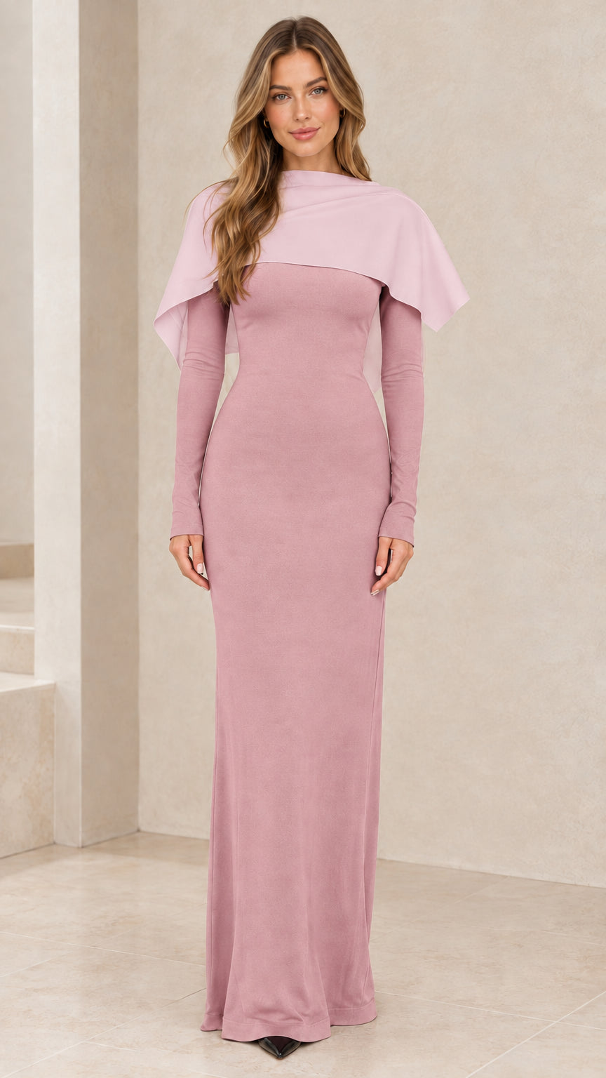 Dusty pink long sleeve maxi dress with matching draped cape overlay
