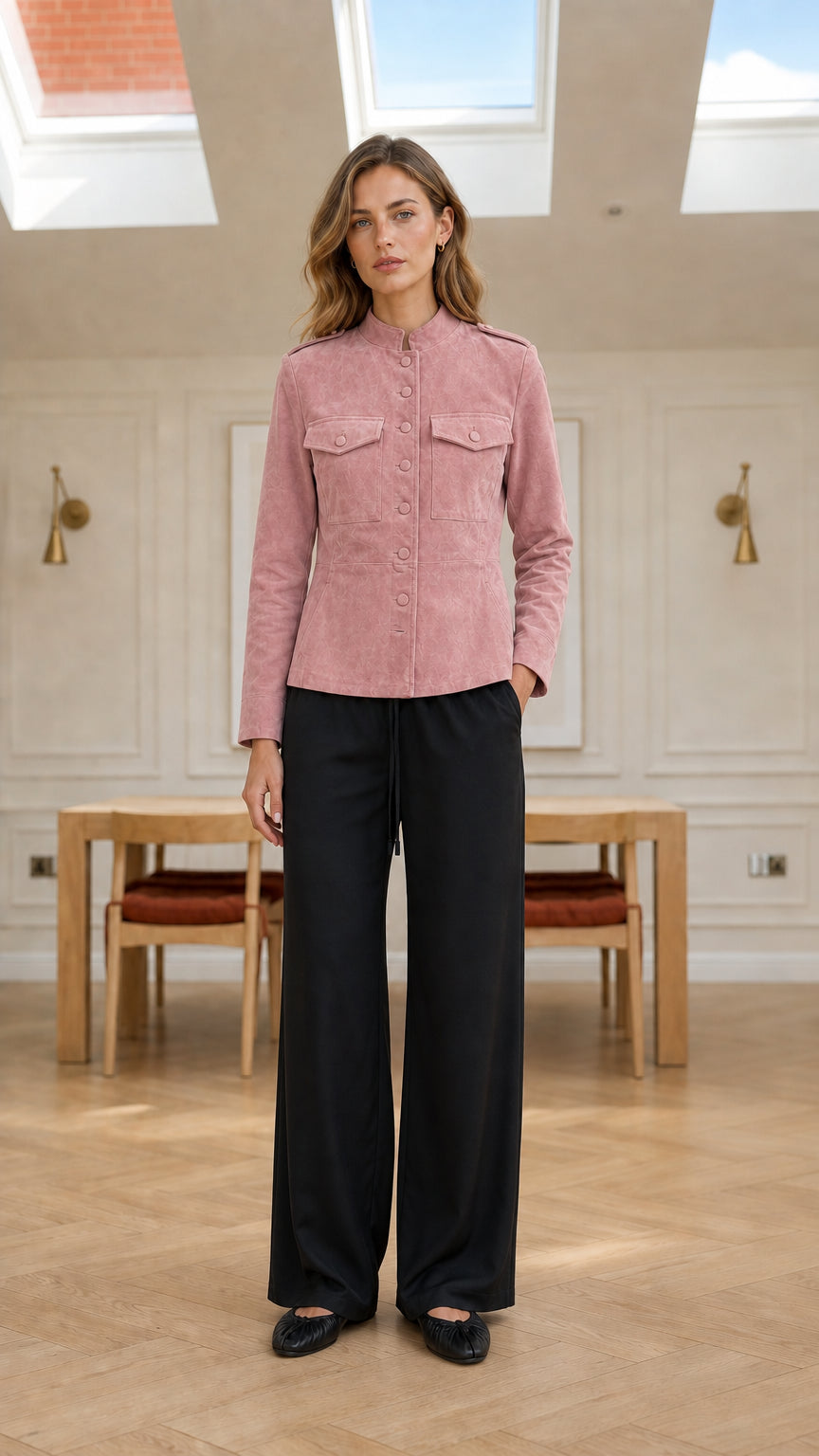 Model wearing dusty pink faux suede button-front stand collar jacket