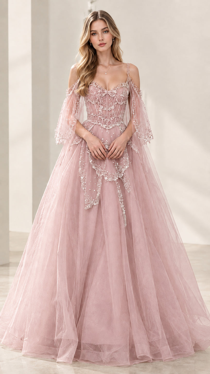 Blush pink cold-shoulder embroidered tulle prom ball gown