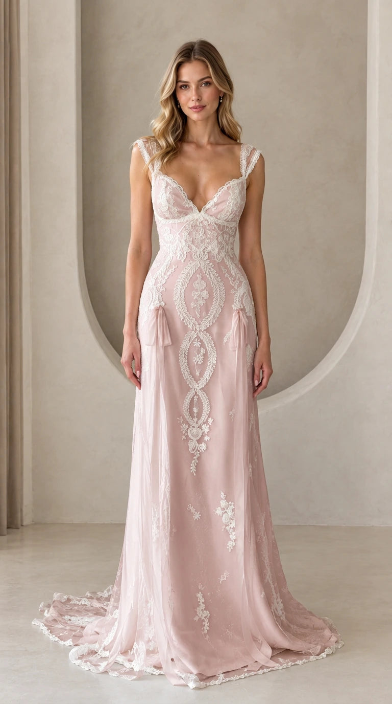 Full-length front view of model wearing blush pink embroidered lace maxi evening gown