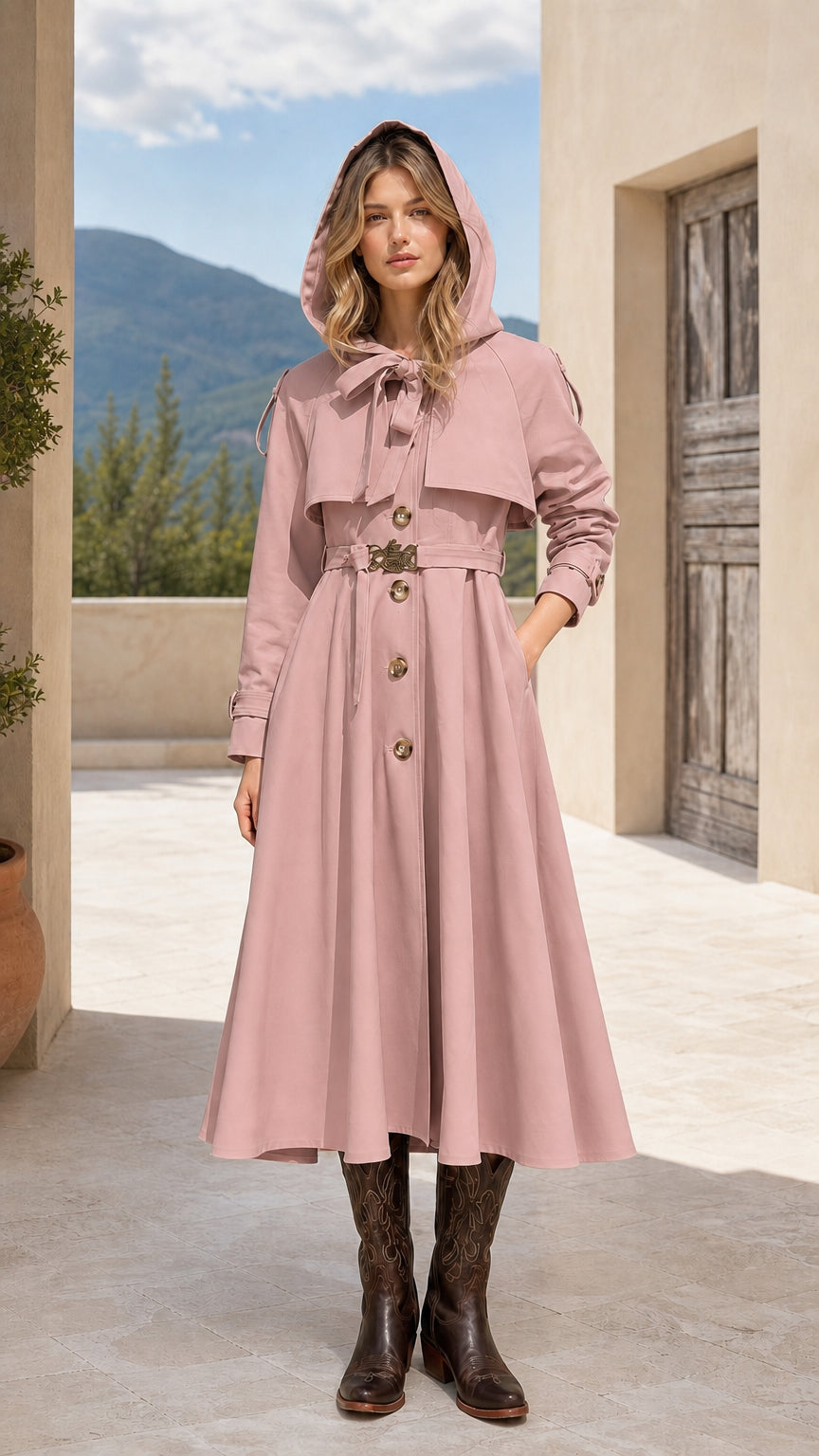 Front view of dusty pink hooded A-line belted trench coat